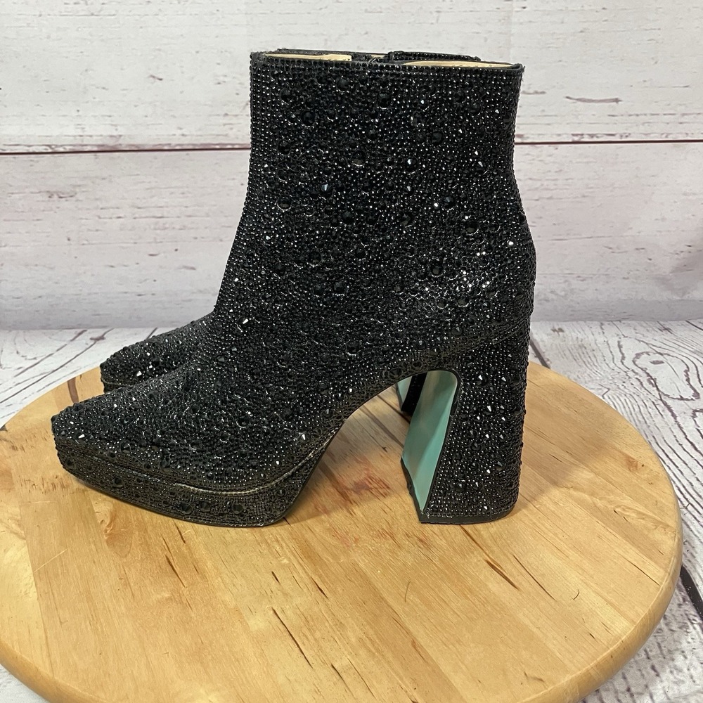Betsey Johnson‎ Rhinestone Ankle Boots Women's Size 8 Black Chunky Heel Sparkly - Picture 4 of 12